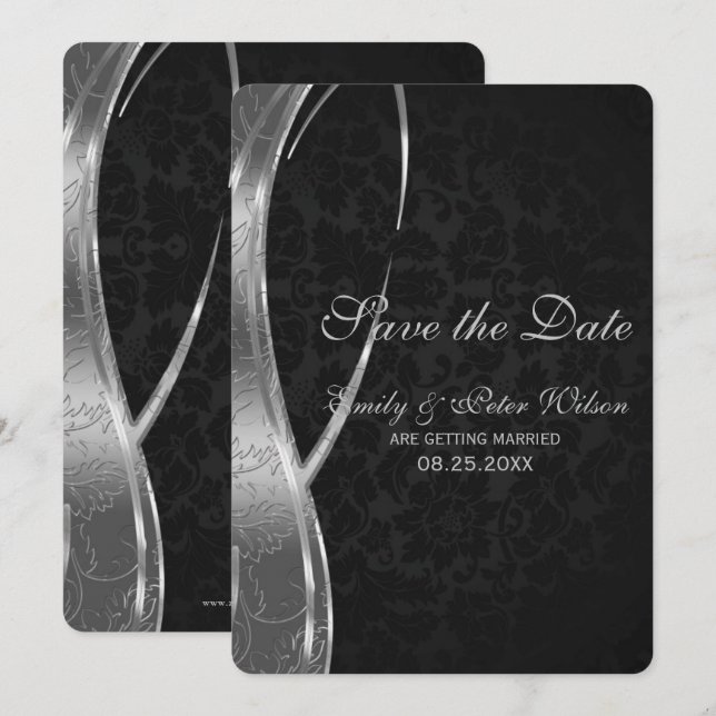 Elegant Black And Silver Damask-Save The Date Invitation (Front/Back)