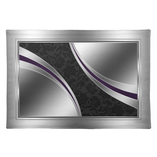 Elegant Black And Silver Damasks Cloth Placemat (Front)