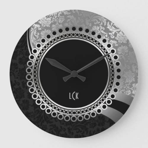 Elegant Black And Silver Damasks Ornate Frame Large Clock