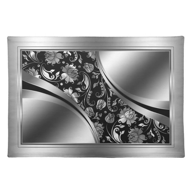 Elegant Black And Silver Damasks Silver Frame Cloth Placemat (Front)