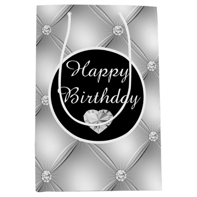 Elegant Black and Silver Diamond Tufted Birthday Medium Gift Bag (Front)
