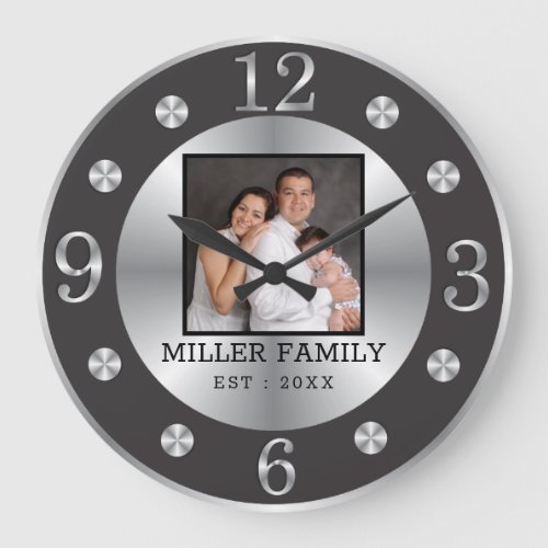 Elegant Black And Silver Family Name Custom Photo Large Clock