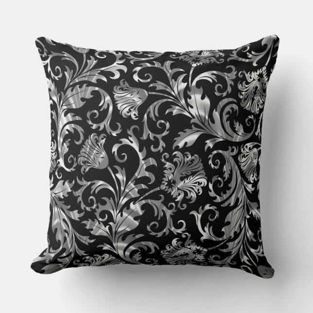Elegant Black And Silver Floral Damask Throw Pillow (Front)