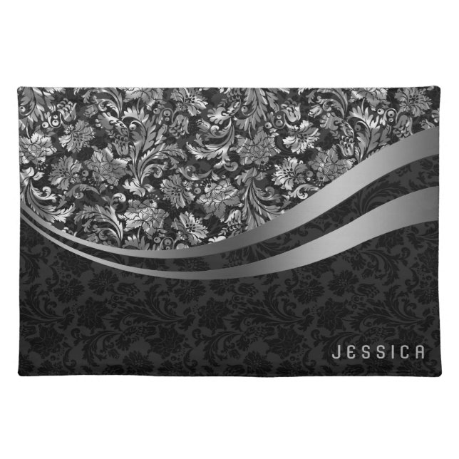 Elegant Black And Silver Floral Damasks Cloth Placemat (Front)