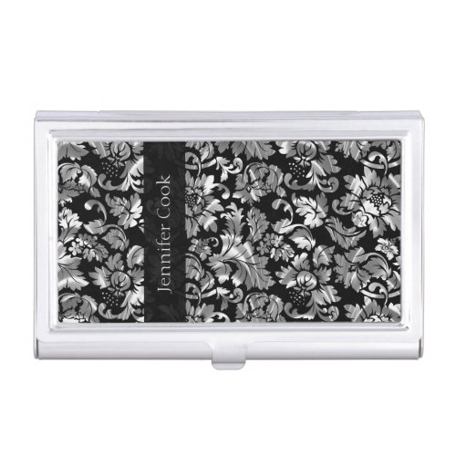 Elegant Black And Silver Floral Damasks Pattern Business Card Case