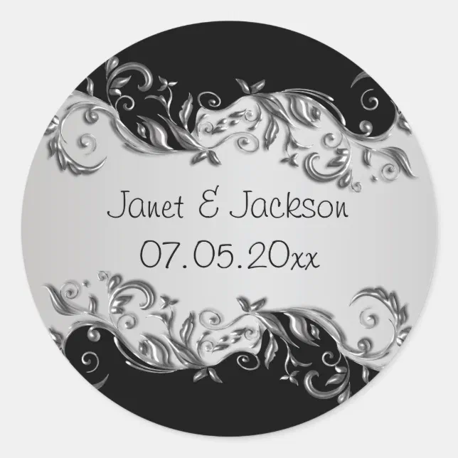 Elegant Black and Silver Floral Wedding Classic Round Sticker | Zazzle