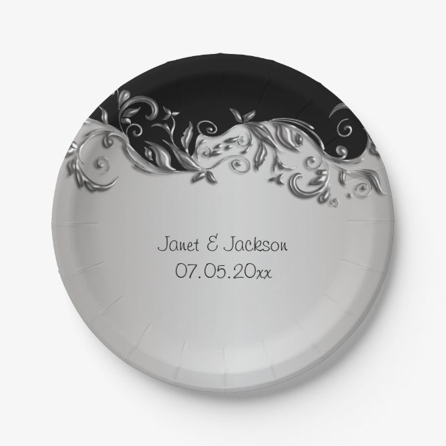 Elegant Black and Silver Floral Wedding Design Paper Plates (Front)