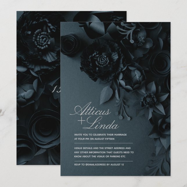 Elegant Black and Silver Floral Wedding Invitation (Front/Back)