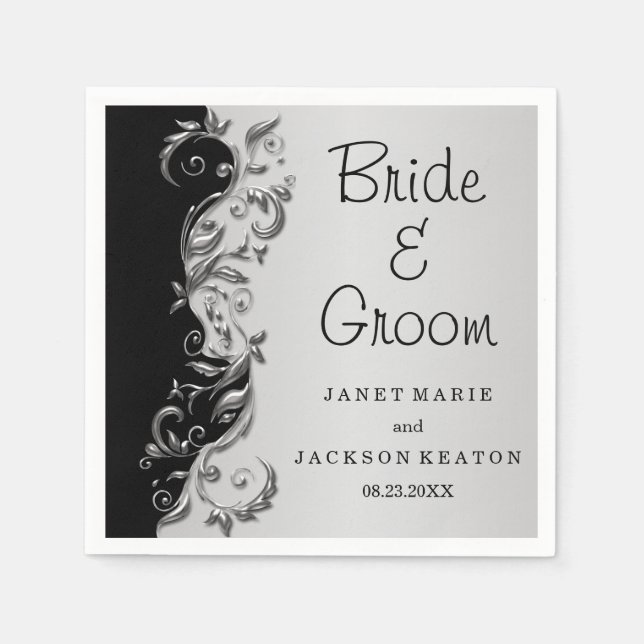 Elegant Black and Silver Floral Wedding Napkins (Front)