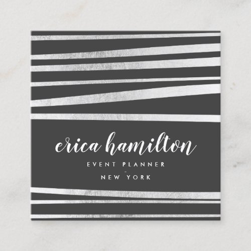 Elegant black and silver foil striped geometric square business card