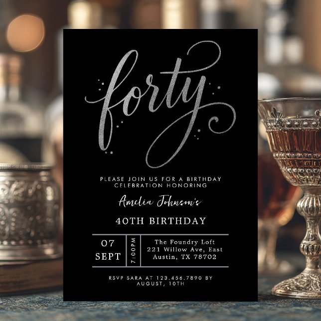 Elegant Black and Silver Fortieth 40th Birthday Invitation (Forty and flawless ✨ Celebrate in style with this chic black and silver invite.)