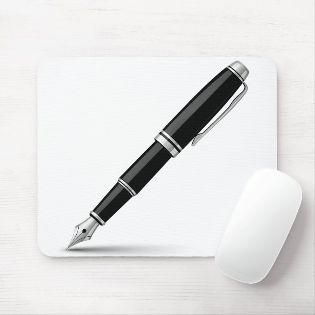 Elegant Black and Silver Fountain Pen Illustration Mouse Pad (With Mouse)