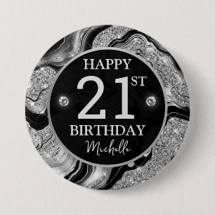 Elegant Black and Silver Glitter Agate Birthday Button