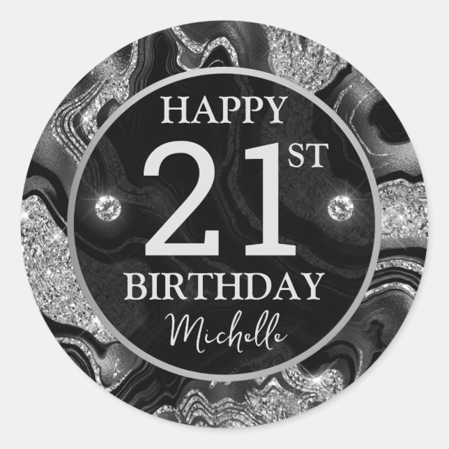 Elegant Black and Silver Glitter Agate Birthday Classic Round Sticker (Front)