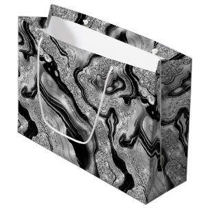 Elegant Black and Silver Glitter Agate Birthday Large Gift Bag
