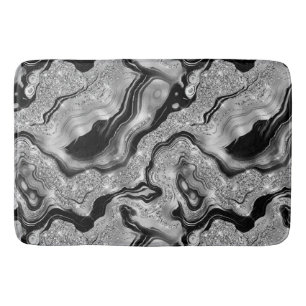 Elegant Black and Silver Glitter Agate Pattern Bath Mat