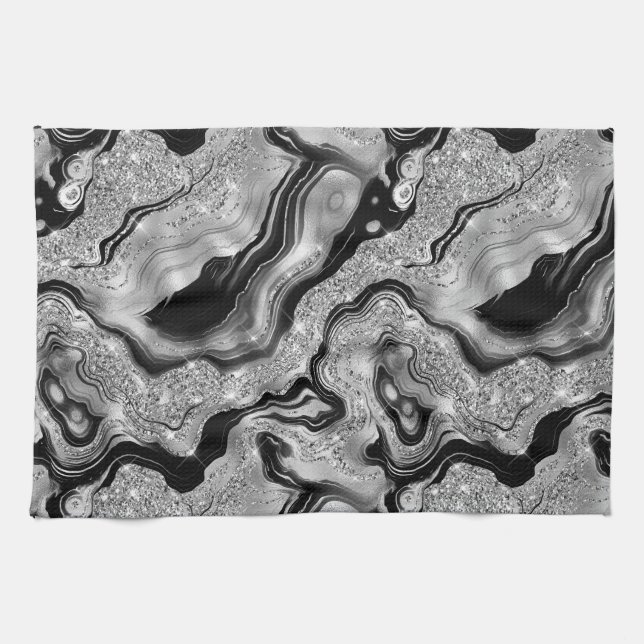 Elegant Black and Silver Glitter Agate Pattern Kitchen Towel (Horizontal)