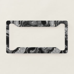 Elegant Black and Silver Glitter Agate Pattern License Plate Frame