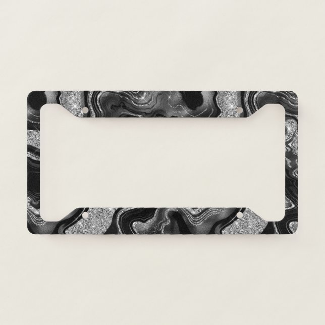Elegant Black and Silver Glitter Agate Pattern License Plate Frame (Front)