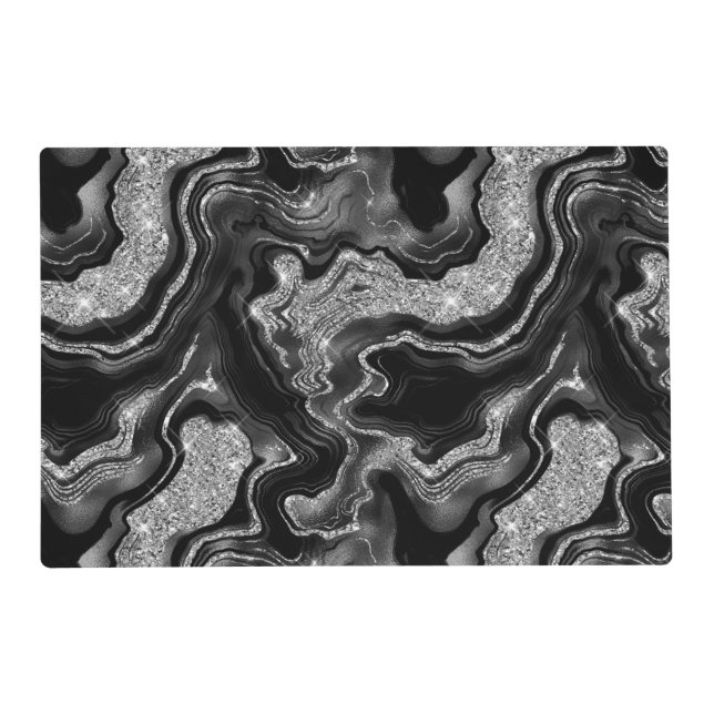 Elegant Black and Silver Glitter Agate Pattern Placemat (Front)