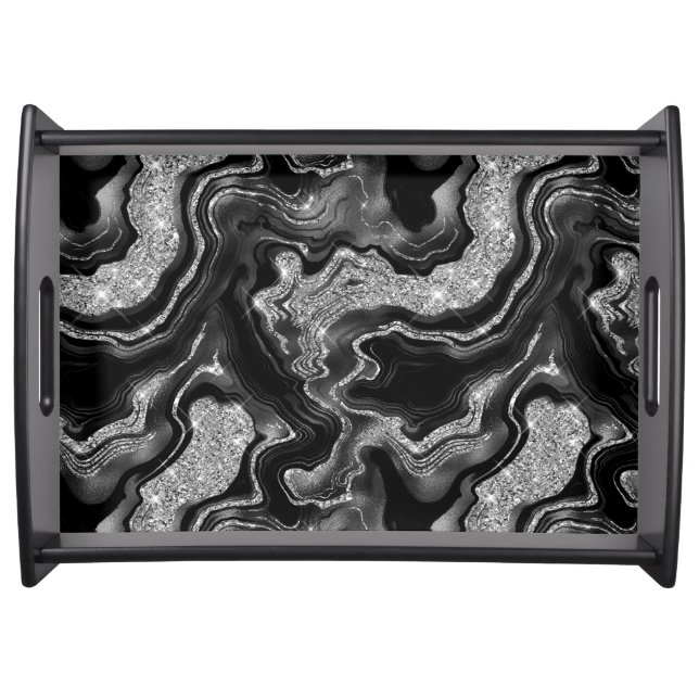 Elegant Black and Silver Glitter Agate Pattern Serving Tray (Front)