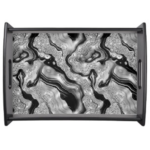 Elegant Black and Silver Glitter Agate Pattern Serving Tray