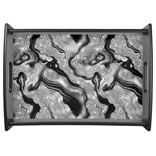 Elegant Black and Silver Glitter Agate Pattern Serving Tray (Front)
