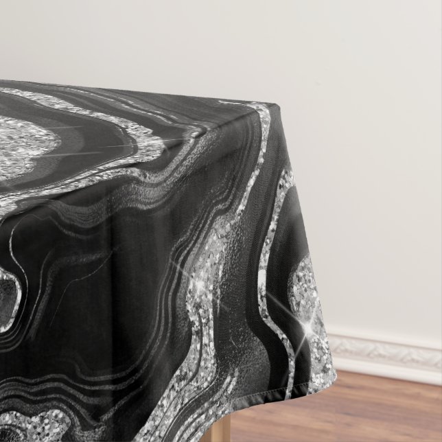 Elegant Black and Silver Glitter Agate Pattern Tablecloth (In Situ)