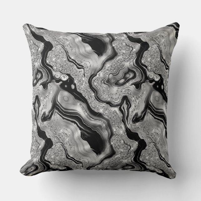 Elegant Black and Silver Glitter Agate Pattern Throw Pillow (Front)