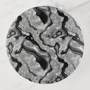 Elegant Black and Silver Glitter Agate Pattern Trinket Tray