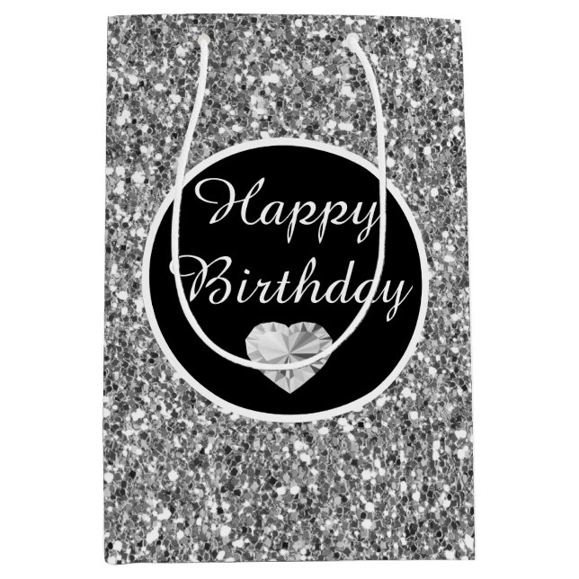 Elegant Black and Silver Glitter Birthday Medium Gift Bag (Front)