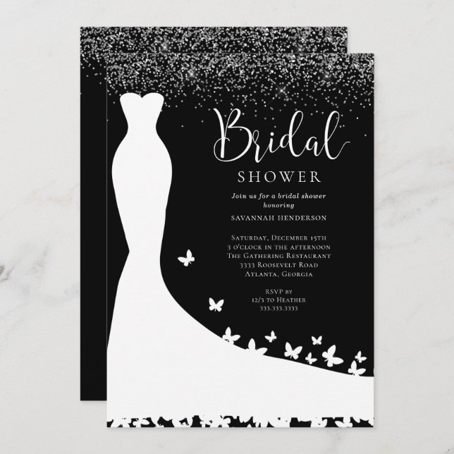 Elegant Black and Silver Glitter Bridal Shower  In Invitation (Front/Back)