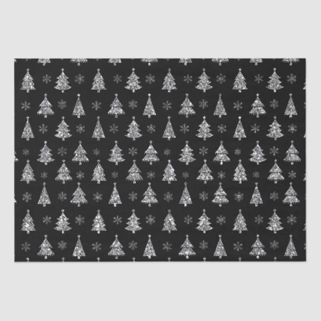 Elegant Black and Silver Glitter Christmas Trees Tissue Paper (Front)