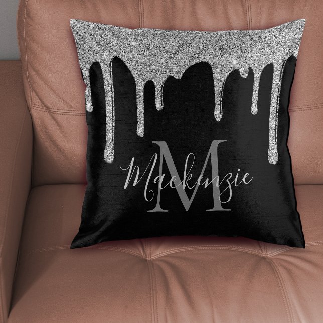 Elegant Black and Silver Glitter Drips Monogram Throw Pillow (Creator Uploaded)