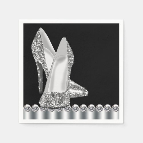 Elegant Black and Silver Glitter High Heel Shoe Paper Napkins