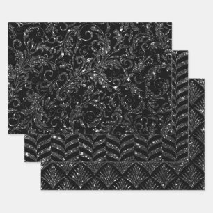 Elegant Black and Silver Glitter Patterns Wrapping Paper Sheets