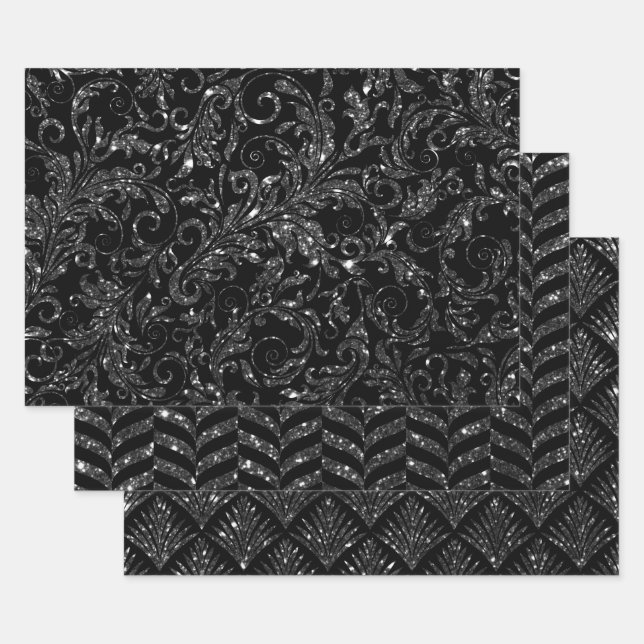 Elegant Black and Silver Glitter Patterns Wrapping Paper Sheets (Set)