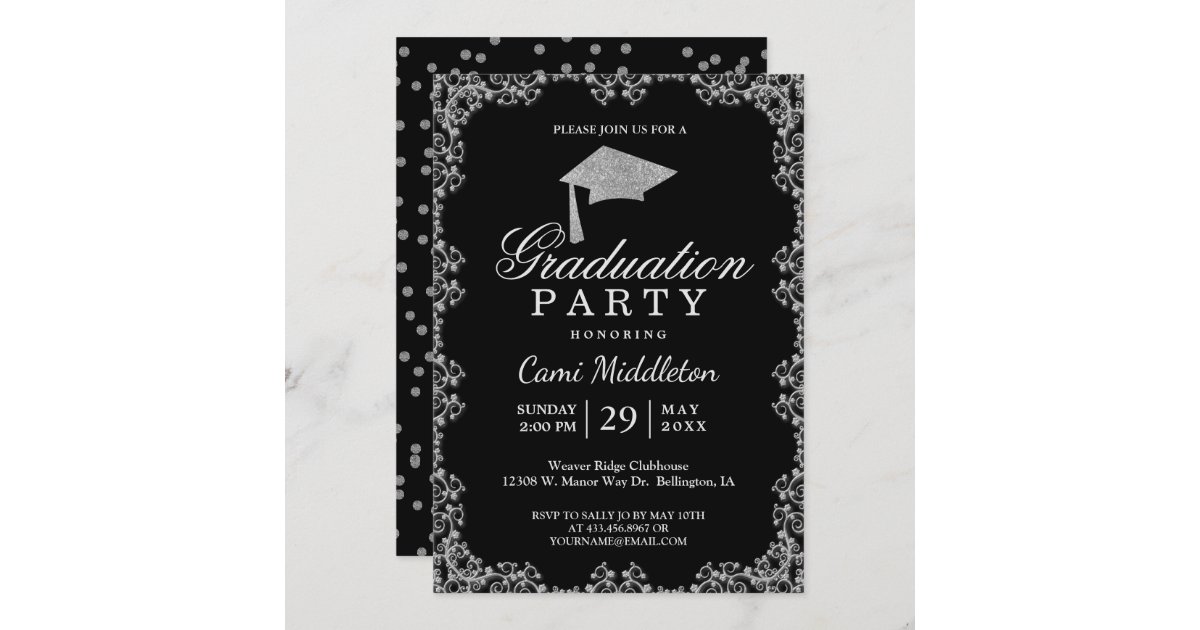 Elegant Black and Silver Graduation Invitation | Zazzle