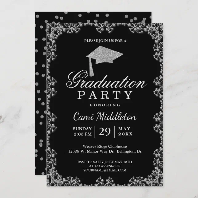 Elegant Black and Silver Graduation Invitation | Zazzle