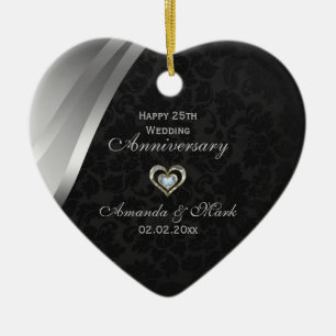 Elegant Black And Silver Gray 25th Anniversary Ceramic Ornament