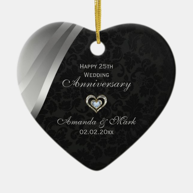 Elegant Black And Silver Gray 25th Anniversary Ceramic Ornament (Front)