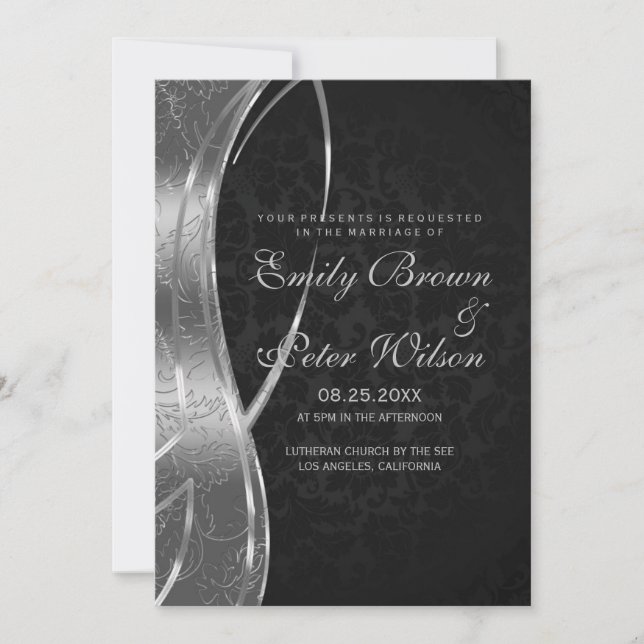 Elegant Black And Silver Gray Damask Wedding Invitation (Front)