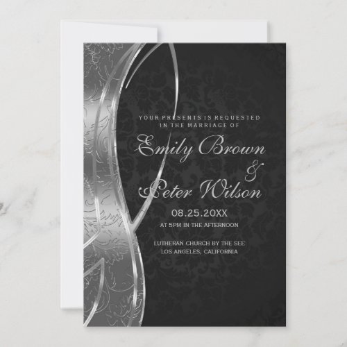 Elegant Black And Silver Gray Damask Wedding Invitation