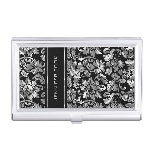 Elegant Black And Silver Gray Damasks Business Card Holder