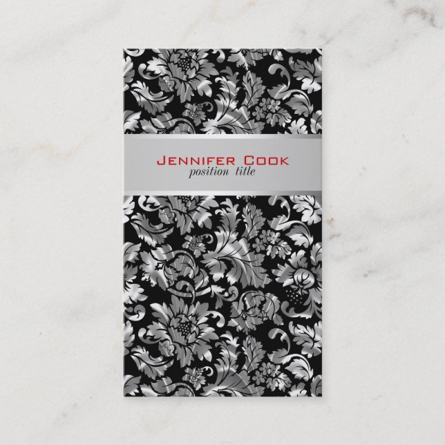 Elegant Black And Silver Gray Floral Damasks 2 Business Card (Front)