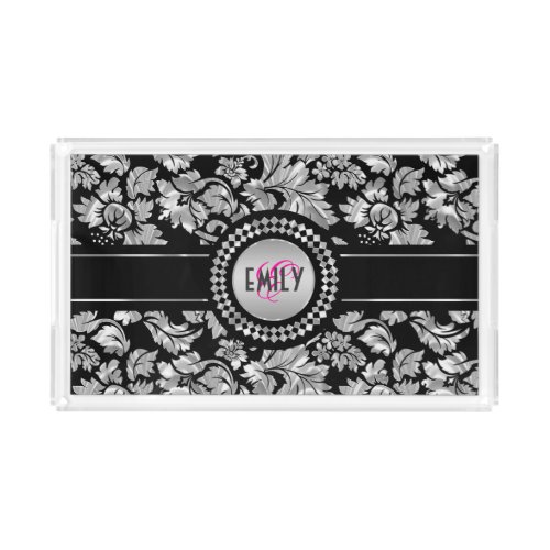 Elegant Black And Silver Gray Floral Damasks Acrylic Tray