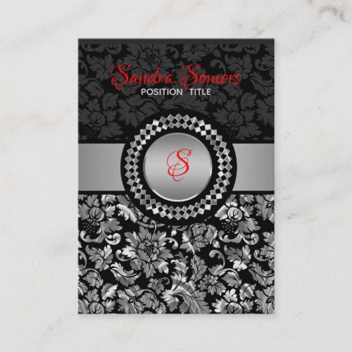Elegant Black And Silver Gray Floral Damasks Business Card
