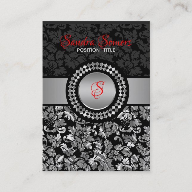 Elegant Black And Silver Gray Floral Damasks Business Card (Front)