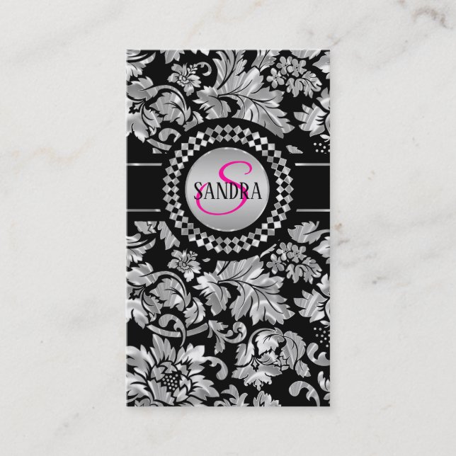 Elegant Black And Silver Gray Floral Damasks Business Card (Front)