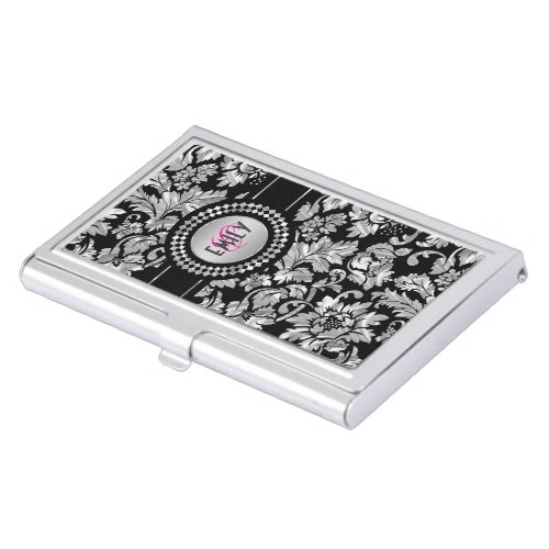 Elegant Black And Silver Gray Floral Damasks Business Card Case